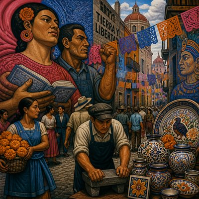 urban street with city activity — Mexican Art Style