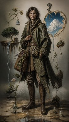 full-body original character: a wandering botanist with a satchel of plants, a patched green cloak, tall boots and round glasses, neutral background