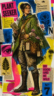 full-body original character: a wandering botanist with a satchel of plants, a patched green cloak, tall boots and round glasses, neutral background