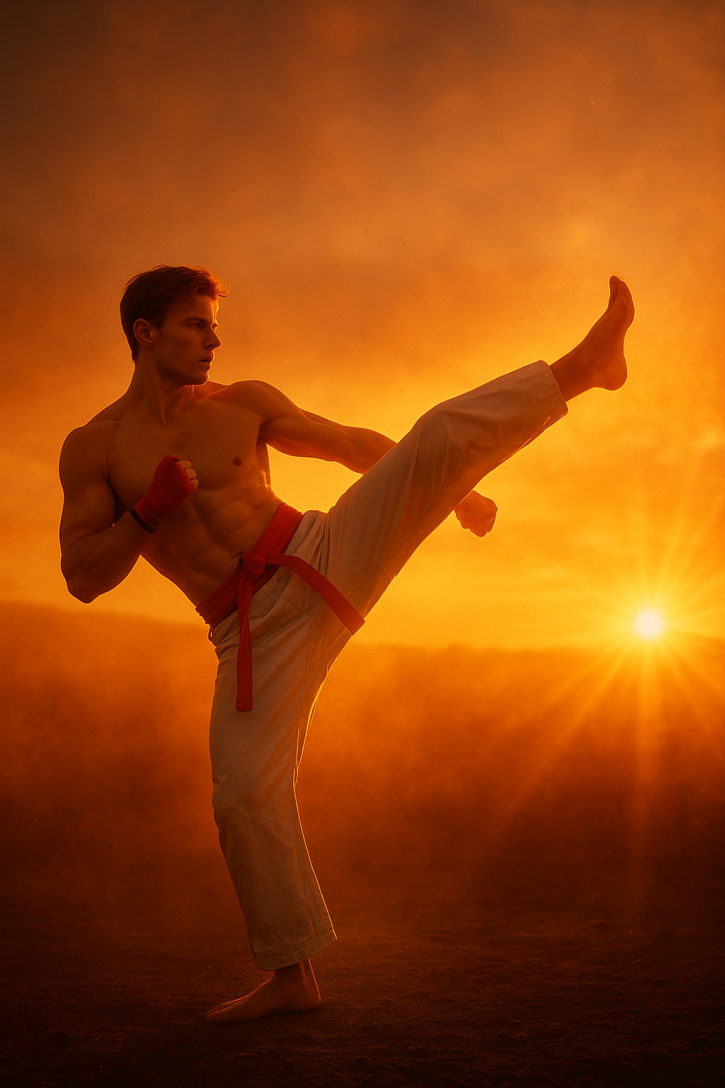 a man doing a kickbox kick in front of the sun