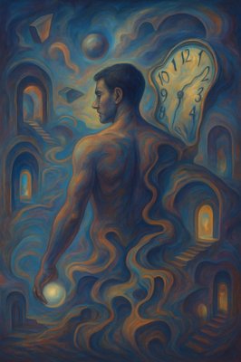 a painting of a man standing in front of a clock