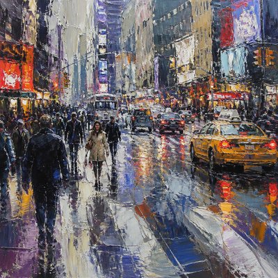 urban street with city activity — Urban Impressionism Art Style