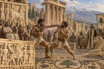 middle eastern ancient athletes punching each other in a boxing competition at Baalbek with bystanders watching