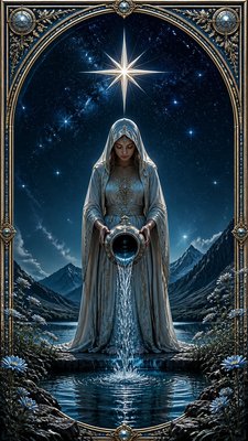 a robed figure pouring water beneath a large eight-pointed star in a night sky, symmetrical composition with an ornate decorative border, no text