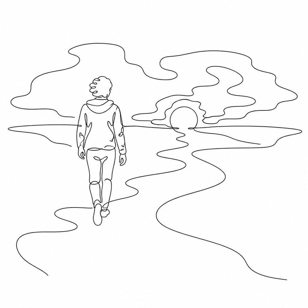 a solitary figure walking toward a glowing horizon across an empty plain, moody atmosphere, no text or lettering
