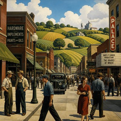 urban street with city activity — American Regionalism Art Style