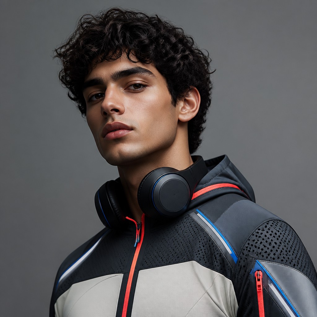 head-and-shoulders portrait of an original character: a young man with curly dark hair and headphones around his neck, plain backdrop, no text