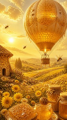 a hot air balloon drifting over rolling flower fields on a sunny day, cheerful, no text