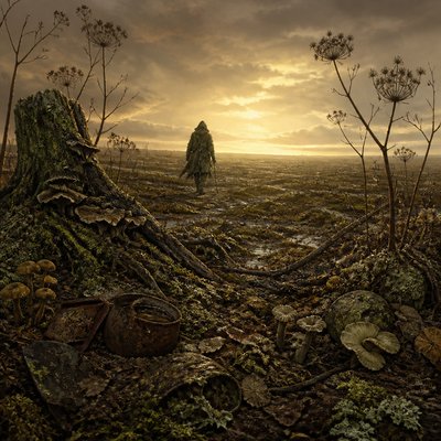 a solitary figure walking toward a glowing horizon across an empty plain, moody atmosphere, no text or lettering