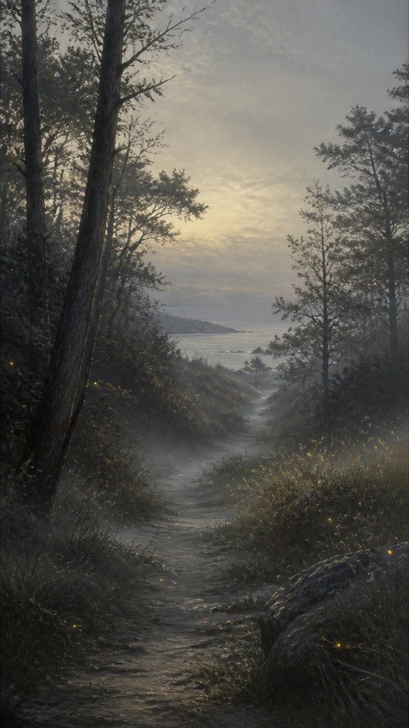 a mysterious forest path with fireflies and drifting mist, atmospheric vertical composition with open space at the top, no text