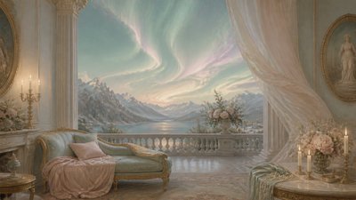a flowing aurora over snowy peaks, wide sweeping composition, no people, no text