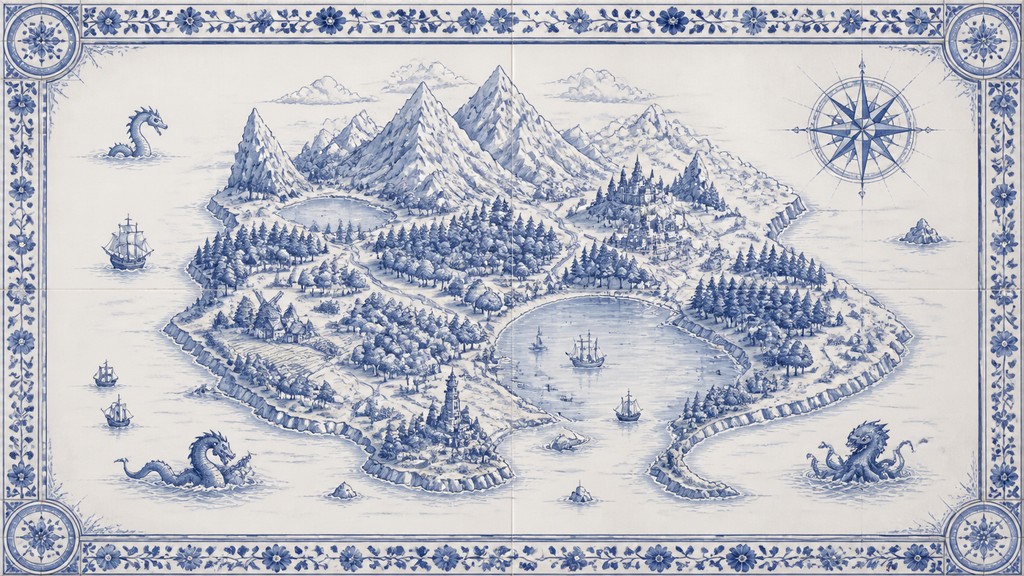 a map of an island realm with mountains, forests, a sheltered bay, sea monsters in the water and a compass rose, no text labels
