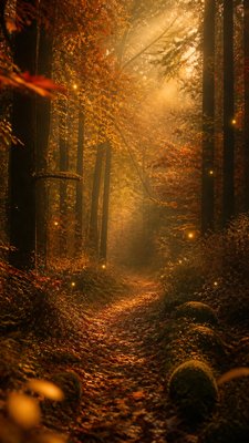 a mysterious forest path with fireflies and drifting mist, atmospheric vertical composition with open space at the top, no text
