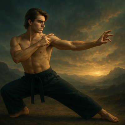 a painting of a man doing a karate pose