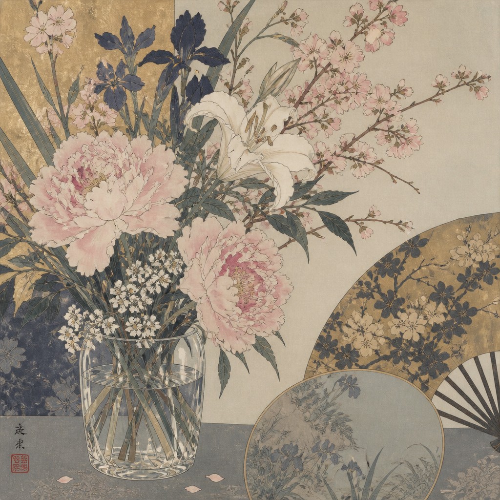 bouquet of flowers in a glass vase — Japonisme Art Style