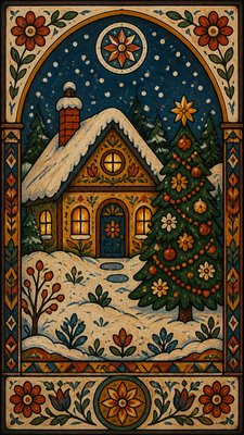 a snow-covered cottage with warm glowing windows beside a decorated pine tree, gentle snowfall, no text