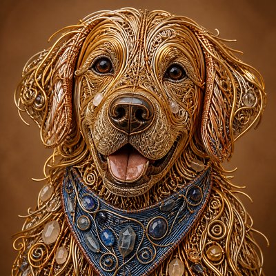 portrait of a golden retriever wearing a blue bandana, warm plain backdrop, no text
