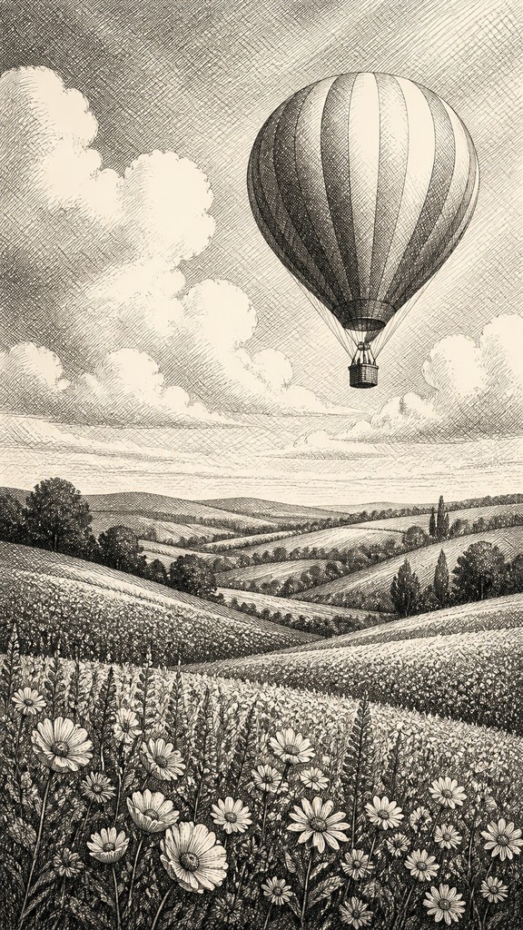 a hot air balloon drifting over rolling flower fields on a sunny day, cheerful, no text