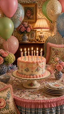 a birthday cake with lit candles surrounded by balloons and confetti, festive vertical composition, no text