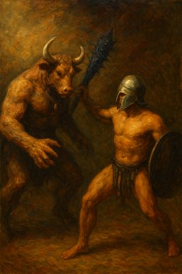 a painting of a man with a horned head holding a spear