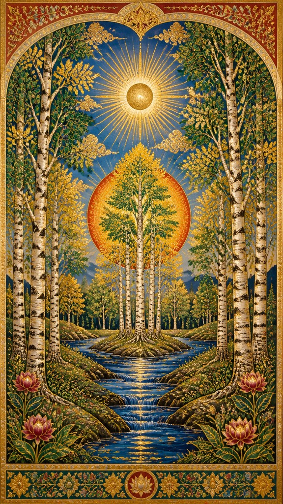 a serene birch forest in soft morning light, no people, no text