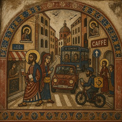 urban street with city activity — Romanesque Art Style