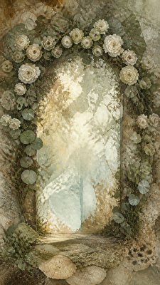 an arch of white roses and eucalyptus in soft morning light, elegant vertical composition with open space, no text
