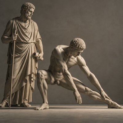 Polyclitus and athlete doing stretching exercises