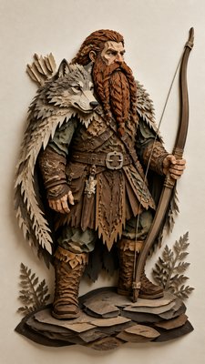full-body original character: a dwarven ranger with a braided auburn beard, worn leather armor, a longbow and a wolf-pelt cloak, neutral background, no text