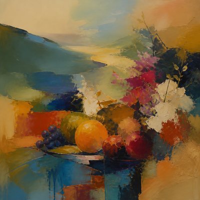 still life arrangement of fruits and flowers