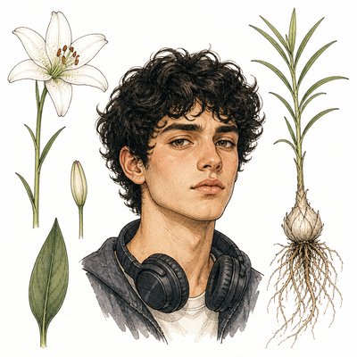 head-and-shoulders portrait of an original character: a young man with curly dark hair and headphones around his neck, plain backdrop, no text