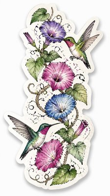 a climbing vine of flowers and hummingbirds on a dark background, tall wrapping composition, no text