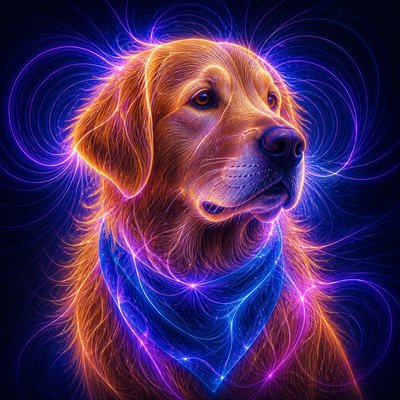portrait of a golden retriever wearing a blue bandana, warm plain backdrop, no text
