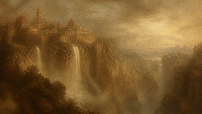 a cliffside city with waterfalls cascading into a misty canyon, wide establishing shot, no people, no text