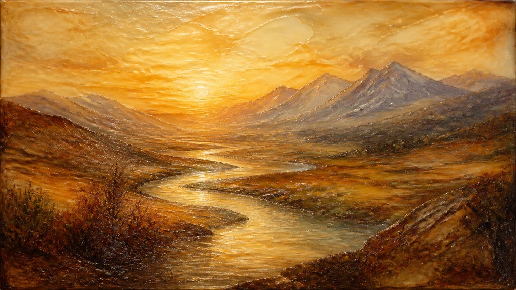 a vast valley with a river winding toward distant mountains at sunrise, no people, no text