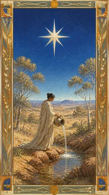 a robed figure pouring water beneath a large eight-pointed star in a night sky, symmetrical composition with an ornate decorative border, no text