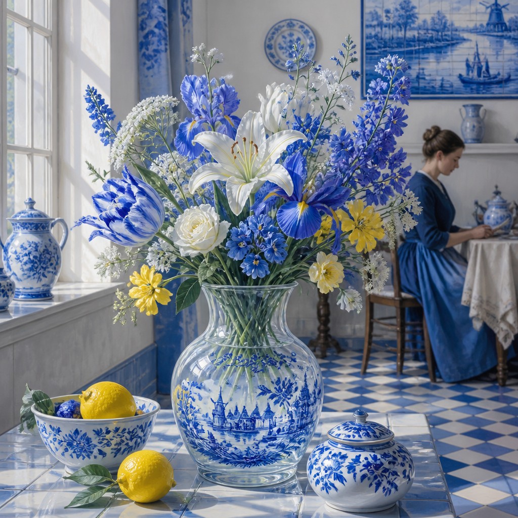bouquet of flowers in a glass vase — Delft Blue Art Style