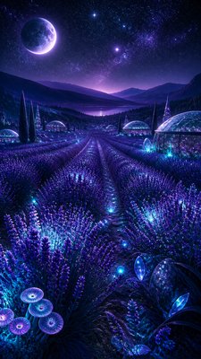 a field of lavender stretching to distant hills at dusk, no people