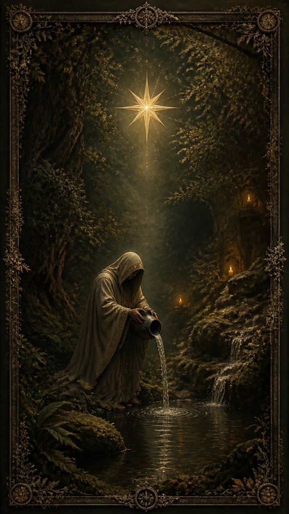a robed figure pouring water beneath a large eight-pointed star in a night sky, symmetrical composition with an ornate decorative border, no text