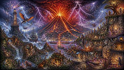 an erupting volcano with lightning strikes, dramatic wide composition, no text