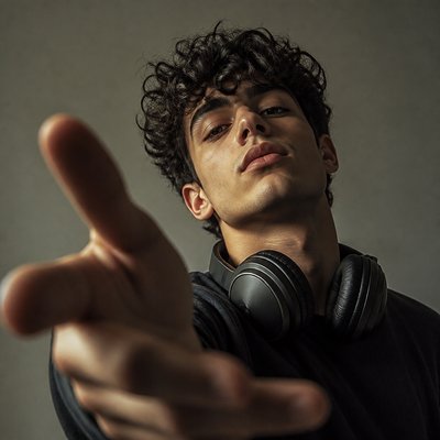head-and-shoulders portrait of an original character: a young man with curly dark hair and headphones around his neck, plain backdrop, no text