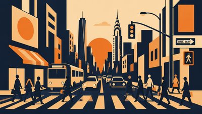 bustling city street panorama at dusk