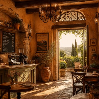 cozy cafe interior with warm lighting
