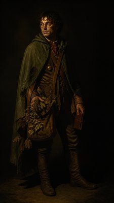 full-body original character: a wandering botanist with a satchel of plants, a patched green cloak, tall boots and round glasses, neutral background