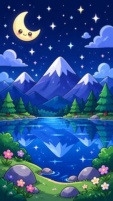 a tranquil mountain lake beneath a starry night sky, no people, no text