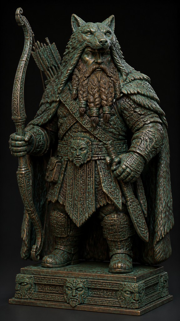 full-body original character: a dwarven ranger with a braided auburn beard, worn leather armor, a longbow and a wolf-pelt cloak, neutral background, no text