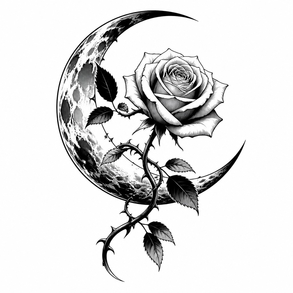 a rose entwined with a crescent moon, clean balanced composition on a plain background, no text