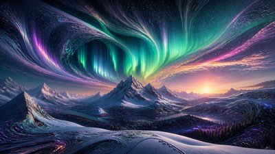 a flowing aurora over snowy peaks, wide sweeping composition, no people, no text