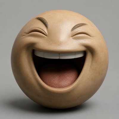 an exaggerated laughing face of an original round mascot character, bold and readable at small size, plain background, no text