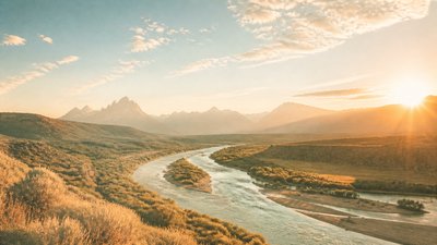 a vast valley with a river winding toward distant mountains at sunrise, no people, no text